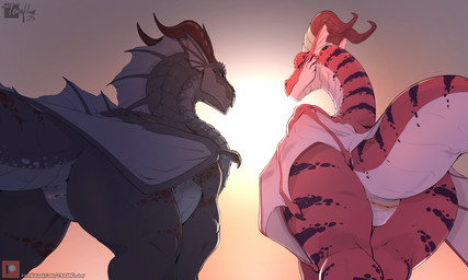 anus backlighting black_body black_scales butt countershade_torso countershading duo female feral frill_(anatomy) genitals horn light long_neck looking_back membrane_(anatomy) membranous_frill membranous_wings muscular muscular_female muscular_feral orange_background quadruped rear_view red_body red_scales scales simple_background smile smirk snout striped_body striped_scales stripes tail text thick_tail thick_thighs vulva wings tenaflux european_mythology mythology dragon mythological_creature mythological_scalie scalie western_dragon 2025 5:3 lighting shaded url watermark