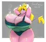 anthro big_breasts blonde_hair blue_eyes bra breasts cleavage cleavage_overflow clothed clothing coffee_mug female hair hands_behind_head huge_breasts looking_at_viewer overflowing_breasts shirt solo thick_thighs topwear tying_hair underwear oliburgob paprika_(olibur) bovid bovine cattle mammal