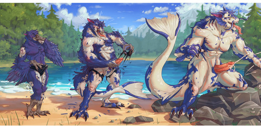 anthro barazoku beach blue_eyes bodily_fluids bottomwear claws clothing cum forest genital_fluids genitals gills growth lake long_tail male masturbation muscular muscular_male open_mouth outside penis plant ripping saliva sand seaside sky snout solo species_transformation swimwear tail tail_burst tearing_clothing tears teeth thick_tail three_frame_sequence tongue torn_bottomwear torn_clothing transformation transformation_sequence tree water wide_crotch wings yaflee verenix_(winterscout) amur_carp aquatic avian bird carp corvid corvus_(genus) crow cyprinid cypriniform fish koi oscine passerine typical_carp absurd_res hi_res sequence