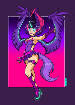 1_horn alternate_form biped border choker claws clothed clothed_female clothed_humanoid clothing domino_mask eyelashes eyemask eyeshadow eyewear feathered_wings feathers female female_humanoid fingerless_gloves flowing_hair footwear gem glistening glistening_hair gloves glowing glowing_horn gradient_background hair handwear high_heels highlights_(coloring) horn humanoidized jewelry legband lips makeup mask multicolored_hair necklace panties pink_clothing pink_eyes pink_gem pink_hair pink_highlights pink_lips pink_panties pink_underwear purple_body purple_border purple_choker purple_clothing purple_eyeshadow purple_feathers purple_footwear purple_hair purple_jewelry purple_necklace purple_socks purple_tail purple_wings shoes simple_background slim_female slim_humanoid smile smiling_at_viewer socks solo spread_wings tail teal_clothing teal_footwear teal_high_heels teal_horn teal_mask text thighband underwear wing_claws wings carpdime equestria_girls friendship_is_magic hasbro my_little_pony midnight_sparkle_(eg) twilight_sparkle_(mlp) animal_humanoid humanoid tailed_humanoid winged_humanoid winged_unicorn_humanoid 2025 absurd_res artist_name cel_shading digital_drawing_(artwork) digital_media_(artwork) full-length_portrait hi_res portrait shaded