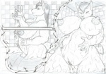 4_arms anthro bathroom bathtub belly big_breasts black_hair blackfox85 breasts comic curvy_figure felid female genitals hair hand_on_belly huge_breasts kitty_vanilji lion lol_comments mammal mature_anthro mature_female monochrome multi_arm multi_limb music navel nipples nude pantherine pussy sketch solo tail traditional_media_(artwork) voluptuous water