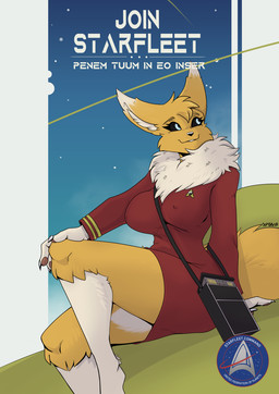 anthro big_breasts black_sclera blue_eyes breasts clothed clothed_anthro clothed_female clothing female fluffy fluffy_tail fur multicolored_body multicolored_fur solo tail two_tone_body two_tone_fur white_body white_fur yellow_body yellow_fur yawg bandai_namco digimon star_trek canid digimon_(species) mammal renamon 2026 hi_res