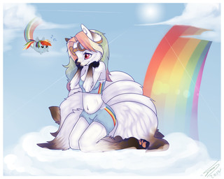anthro big_breasts blind blue_body blue_feathers blue_fur breasts clothing cloud disability duo eyewear feathered_wings feathers female fur goggles hair kneeling long_hair multi_tail multicolored_hair multicolored_tail nude outside rainbow rainbow_arch rainbow_hair rainbow_tail sky skyscape tail uniform white_body white_hair wings imalou asian_mythology east_asian_mythology friendship_is_magic hasbro korean_mythology my_little_pony mythology rainbow_dash_(mlp) roxanne_(minty_freshness) canid canine equid equine fox fox_spirit kumiho mammal mythological_canine mythological_creature mythological_equine mythological_fox pegasus 2012 hi_res