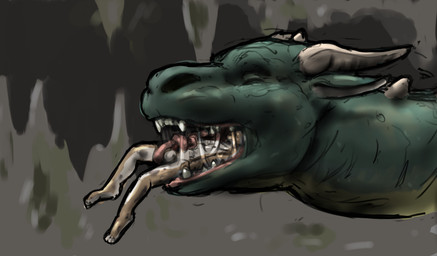 anthro balls brown_body cave duo eyes_closed feet genitals green_body horn inside_mouth larger_pred macro male male/male micro nude_male nude_pred nude_prey open_mouth oral_vore origin penis size_difference smile tan_body teeth tongue_on_penis vore white_body jeri_kleinlowe mythology dragon mammal mythological_creature mythological_scalie scalie 2022 colored guide_lines