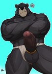 accessory anthro asian_clothing balls blush bottomwear clothing cock_ring crossed_arms east_asian_clothing ere erection eyebrows fangs foreskin fundoshi fur genitals glans japanese_clothing jewelry male penis penis_accessory penis_jewelry simple_background solo standing teeth underwear radcanine bear mammal digital_drawing_(artwork) digital_media_(artwork) hi_res