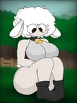 anthro big_breasts black_boots black_clothing black_footwear boots breasts clothing cowbell cowbell_collar female footwear grass mouthless outside plant shoes sitting solo erick1778 sheipy_(thewholof554) bovid caprine mammal sheep 3:4 absurd_res hi_res