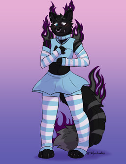 anthro arm_warmers armwear black_body black_ears black_fur black_nose blue_bottomwear blue_clothing blue_collar blue_crop_top blue_shirt blue_skirt blue_topwear blush bottomwear claws clothed clothing collar crop_top crossdressing dark_body dark_fur ear_piercing facial_piercing fangs fur glowing glowing_eyes grey_markings hand_on_belly heterochromia horizontal_stripes jewelry legwear long_tail male markings midriff navel nervous nose_piercing nose_ring pattern_arm_warmers pattern_armwear pattern_clothing pattern_legwear pattern_stockings pendant piercing purple_markings ring_piercing septum_piercing septum_ring shirt silver_(metal) silver_jewelry skirt solo standing stockings striped_arm_warmers striped_armwear striped_clothing striped_legwear striped_markings striped_stockings striped_tail stripes tail tail_markings teeth topwear skylardoodles eclipse_(eclipse_the_panther) felid hybrid mammal pantherine wraith digital_media_(artwork) hi_res