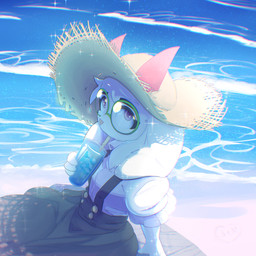 2_horns anthro beach clothed clothing detailed_background dress drinking drinking_straw eyewear floppy_ears fur glass glasses hat headgear headwear high-angle_view horn looking_at_viewer male pink_eyes pink_horn sea sitting snout solo sparkles sun_hat three-quarter_view water wearing_glasses white_body white_fur conyd deltarune undertale_(series) ralsei bovid caprine darkner goat mammal 1:1 2026 absurd_res digital_drawing_(artwork) digital_media_(artwork) english_description full-length_portrait hi_res portrait