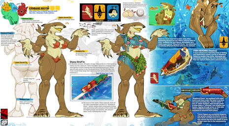 anthro big_breasts breasts brown_body character_bio clothing female gun membrane_(anatomy) muscular muscular_anthro muscular_female ranged_weapon rifle sharp_teeth solo starfish_on_nipples swimwear teeth text weapon webbed_hands fire_freshly rif aquatic fish shark english_text hi_res