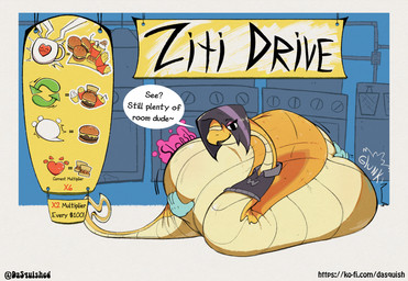 apode belly big_belly black_clothing black_hair black_shirt black_topwear clothing dialogue donation_drive donation_goal feederism female feral hair inside interaction_drive legless like_goal obese obese_female obese_feral overweight overweight_female overweight_feral retweet_goal rumbling_stomach serpentine shirt solo speech_bubble text topwear yellow_body dasquished_(artist) ziti_(dasquished) draconcopode naga reptile scalie snake 2025 comic english_text hi_res url