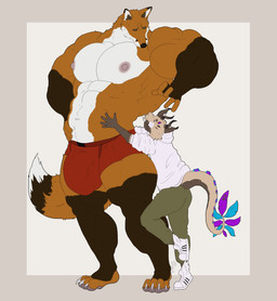 3_eyes abs anthro anthro_on_anthro big_muscles black_body black_fur bottomwear brown_body brown_horn bulge clothed clothing detailed_bulge duo eyes_closed fangs footwear front_view fur genital_outline green_bottomwear green_clothing green_pants hand_on_hip hoodie horn hug huge_muscles male male/male male_anthro mouth_closed multi_eye muscular muscular_anthro muscular_male nipples orange_body orange_fur orange_sclera pants pecs penis_outline purple_eyes shoes simple_background standing tan_body tan_fur teeth topless topwear white_body white_clothing white_footwear white_fur white_hoodie white_shoes white_topwear yellow_eyes gryblak mythology canid canine dragon fox furred_dragon furred_scalie mammal mythological_creature mythological_scalie scalie absurd_res hi_res