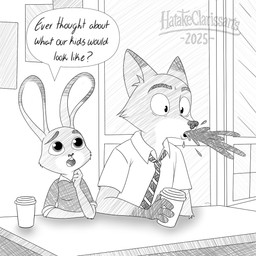 anthro asking asking_another beverage coffee countershade_face countershading dialogue dipstick_ears duo ear_markings eyebrows female female_anthro genetics gloves_(marking) holding_beverage holding_object iris male male/female male_anthro markings multicolored_ears necktie pupils spit-take spitting talking_to_another text hatakeclarissarts disney inktober inktober_2025 zootopia judy_hopps nick_wilde canid canine european_rabbit fox lagomorph leporid mammal oryctolagus rabbit red_fox true_fox 1:1 2025 artist_name dated english_text monochrome
