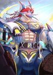 abs anthro black_sclera blue_body blush clothed clothing crop_top hair kerchief male muscular muscular_anthro muscular_male pecs red_eyes shirt skimpy solo topwear white_hair ryuuuta_200315 lifewonders live_a_hero mythology hydoor dragon mythological_creature mythological_scalie scalie hi_res
