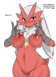 anthro anthrofied areola avian big_areola big_breasts big_nipples bird blaziken blue_eyes blush bodily_fluids breasts chest_tuft digital_media_(artwork) english_text female fur generation_3_pokemon genital_piercing genitals heart_symbol looking_at_viewer mane mizo_ne navel navel_piercing nintendo nipple_fetish nipple_piercing nipple_play nipple_pull nipples non-mammal_breasts non-mammal_nipples nude piercing pokemon pokemon_(species) pokemorph pussy pussy_piercing red_nipples seductive simple_background solo source_request sweat text translated tuft under_boob white_background