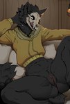 anthro anus black_body black_fur black_tail bone bottomless bottomless_anthro bottomless_female claws clothed clothing female finger_claws fingers fur genitals looking_at_viewer lying on_back pussy skull skull_head solo spread_legs spreading tail teeth tongue white_eyes silgiriya_mantsugosi vyzxia canid canine mammal skulldog_(species) 2025 digital_media_(artwork) hi_res