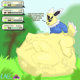 annoyed anthro begging_for_mercy belly body_outline bone digestion digestion_noises explicitly_stated_nonconsent exposed_belly face_imprint fatal_vore female gameplay_mechanics group gui health_bar imprint male male/female male/male mass_vore multiple_prey onomatopoeia paw_imprint skull sound_effects text thick_thighs vore kaelminus nintendo pokemon bolt_(kaelminus) pokemon_trainer cinderace eeveelution generation_1_pokemon generation_4_pokemon generation_8_pokemon jolteon lucario pikachu pokemon_(species) 1:1 english_text hi_res