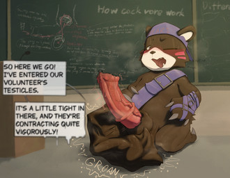 bodily_fluids chalkboard classroom cock_vore genital_fluids genitals leaking_precum male musk penile penis precum school text vore .f_9578 bandai_namco digimon agumon agumon_expert bearmon digimon_(species) english_text hi_res