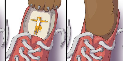 4_toes anthro arms_out arms_tied blue_eyes bound brown_body brown_fur clothing comic_panel crucifixion_pose extreme_size_difference feet foot_fetish foot_focus footwear fur hands_tied high-angle_view inside_shoe insole legs_tied looking_up male micro nude paws restraints shoe_fetish shoelaces shoes simple_background size_difference smaller_male stepped_on t-pose tail tied_down toes underfoot white_background white_body white_fur yellow_body yellow_fur kiwifizz canid canine fox mammal true_fox cel_shading comic hi_res shaded