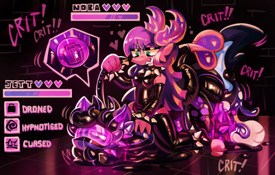 anthro collar cursed_collar debuff drone dronification duo game_ui gameplay_mechanics glistening glistening_body gui health_bar hypno_visor hypnosis latex leash mind_control null_bulge paws purple_latex spiked_collar spikes latexm4n mythology jettrax nora_(stove2) dragon kobold mythological_creature mythological_scalie scalie absurd_res hi_res