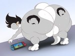 anthro balls big_balls big_butt biped black_hair bodily_fluids butt eyewear eyewear_only genitals glasses glasses_only grey_body grey_skin hair huge_butt hyper hyper_butt looking_at_viewer looking_back looking_back_at_viewer male nude solo sweat wearing_glasses deliciousq mario_bros nintendo nintendo_switch yoshu_makato_(character) white_yoshi yoshi 4:3