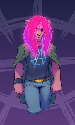 abstract_background anarchy_symbol anthro bangle belt bottomwear clothing coat denim denim_bottomwear denim_clothing glowing hair jeans jewelry looking_at_viewer male neon_lights pants solo topwear aikaanarchy felid lion mammal pantherine 3:5 hi_res portrait three-quarter_portrait