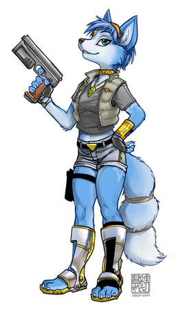 4_toes 5_fingers anthro athletic athletic_anthro athletic_female belt black_belt black_clothing black_fingerless_gloves black_gloves black_handwear black_nose blue_body blue_fur blue_hair blue_tail bottomwear breasts clothed clothing feet female fingerless_gloves fingers fluffy fluffy_tail footwear front_view fully_clothed fur gloves green_clothing green_eyes green_jacket green_jacket_vest green_topwear green_vest grey_bottomwear grey_clothing grey_shirt grey_shorts grey_t-shirt grey_topwear gun hair handgun handwear holding_gun holding_handgun holding_object holding_pistol holding_ranged_weapon holding_weapon holster jacket jacket_vest jewelry medium_breasts necklace pistol pixie_cut ranged_weapon sandals shirt shoes shorts simple_background skimpy snout solo standing t-shirt tail thigh_holster three-quarter_view toes topwear uniform vest weapon white_background white_body white_fur wishbone_mouth zaush nintendo star_fox krystal_(star_fox) canid canine fox mammal 2005 digital_media_(artwork) hi_res