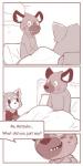 anthro blush bodily_fluids clothed clothing duo fangs female male speech_bubble sweat teeth text lowerkuo aggretsuko sanrio haida_(aggretsuko) retsuko ailurid hyena mammal red_panda spotted_hyena 1:2 2018 english_text