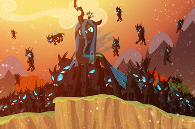 ambiguous_gender army blue_eyes fangs female feral green_eyes green_hair group hair hole_(anatomy) horn insect_wings long_hair mountain outside pupils slit_pupils sunset teeth wings chilllum light262 friendship_is_magic hasbro my_little_pony queen_chrysalis_(mlp) arthropod changeling_(mlp) 2015 absurd_res digital_media_(artwork) hi_res shaded