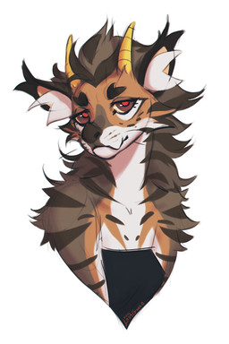 anthro black_clothing black_topwear brown_body brown_eyes brown_fur cheek_tuft clothed clothing facial_tuft female female_anthro front_view fur head_tuft horn inner_ear_fluff looking_at_viewer mouth_closed neck_tuft orange_body orange_fur pupils red_pupils solo topwear tuft whiskers white_body white_fur white_inner_ear_fluff yellow_horn lostgoose mammal 2024 bust_portrait dated hi_res portrait signature