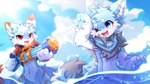 anthro biped blue_body blue_eyes blue_fur countershade_fur countershading duo fur kemono male red_eyes slim_anthro slim_male white_body white_countershading white_fur hlg7777 canid canine fox mammal 2024