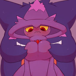 4_fingers ambiguous_gender big_breasts blush bodily_fluids breast_grab breast_squeeze breasts clothing duo female fingers front_view frown gem grin grope groping_from_behind hand_on_breast hat headgear headwear kemono licking licking_back long_tongue looking_down mouth_closed not_furry pink_tongue pokemorph purple_background purple_body purple_clothing purple_hat purple_headwear red_eyes simple_background smile solo_focus squeezing standing sweat teeth tongue tongue_out witch_hat yellow_sclera mixeeeel nintendo pokemon generation_1_pokemon generation_4_pokemon gengar ghost humanoid mismagius pokemon_(species) spirit 1:1 digital_media_(artwork) hi_res portrait purple_theme three-quarter_portrait
