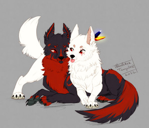blep chibi claws duo eye_contact feathers feral fluffy fluffy_tail fur looking_at_another male male/male markings neck_tuft on_top one_eye_closed pawpads paws playful red_eyes romantic romantic_couple scar simple_background smile tail tongue tongue_out toony tuft wink wanderertamplior canid canine canis mammal wolf 2022 absurd_res digital_media_(artwork) hi_res