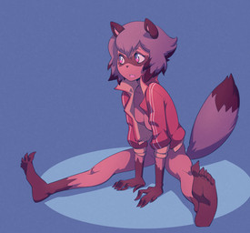 5_fingers 5_toes abstract_background anthro barefoot bottomless breasts clothed clothing convenient_censorship dipstick_tail feet female fingers fluffy fluffy_tail hair humanoid_feet jacket looking_away markings mostly_nude open_clothing open_jacket open_mouth open_topwear pink_eyes plantigrade shirtless_female short_hair soles solo tail tail_markings teeth toes topwear topwear_only creux brand_new_animal studio_trigger michiru_kagemori canid canine mammal raccoon_dog tanuki digital_media_(artwork) hi_res