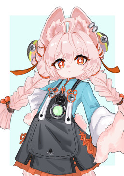 ahoge anthro braided_pigtails clothed clothed_anthro clothed_female clothing ear_piercing ear_ring female flat_chested fully_clothed fully_clothed_anthro fully_clothed_female fur hair inner_ear_fluff overall_dress piercing pink_body pink_fur pink_hair red_eyes ring_piercing solo tuft mei_hua mihoyo zenless_zone_zero zhao_(zenless_zone_zero) lagomorph leporid mammal rabbit thiren 2025 absurd_res half-length_portrait hi_res portrait