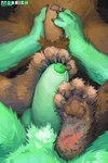 anthro claws duo feet fluffy_feet foot_fetish foot_focus foot_play footjob foreskin fur genitals green_body green_fur hindpaw logo lower_body male male/male mutual_masturbation nude pawpads paws penis pubes sex soles toe_claws obrien_(artist) ambiguous_species unknown_species 2:3 artist_logo hi_res