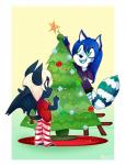 anthro blue_hair clothing decorating duo female festive hair holidays male membrane_(anatomy) membranous_wings mistletoe open_mouth ornament plant simple_background star tree wings mimimarie christmas nightswing twilon bat canid canine canis mammal wolf