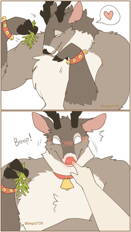 2_horns 2_panel_comic ambiguous_anthro ambiguous_focus ambiguous_gender anthro anthro_focus antlers bell bell_bracelet bell_collar biped boop brown_body brown_fur collar countershading disembodied_hand duo empty_eyes first_person_view front_view fur half-closed_eyes hand_on_chin heart_reaction holding_object horn jingle_bell looking_at_viewer mistletoe multicolored_body multicolored_fur muscular muscular_ambiguous muscular_anthro narrowed_eyes nude nude_ambiguous nude_anthro plant sack simple_background slight_smile solo_focus text two_tone_body two_tone_fur white_background white_body white_countershading white_fur pegu2726 deer mammal new_world_deer reindeer 2025 9:16 artist_name comic digital_drawing_(artwork) digital_media_(artwork) flat_colors hi_res watermark