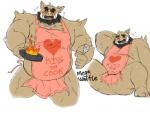 anthro apron apron_only beard blush bodily_fluids butt clothing eyebrows facial_hair fire food fur hair heart_symbol kitchen_spatula kitchen_utensils male mostly_nude musclegut muscular muscular_anthro muscular_male nipples open_mouth overweight overweight_anthro overweight_male pan simple_background smile solo spatula sweat teeth tools tusks megawaffle_(artist) mammal suid suina sus_(pig) wild_boar 2016