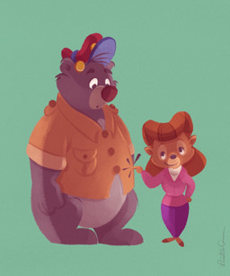 anthro barefoot black_eyebrows black_eyes black_nose bottomless bottomless_anthro bottomless_male bottomwear brown_body brown_fur brown_hair brown_nose button_(fastener) chibi clothed clothing collared_shirt dress_shirt duo eye_contact eyebrows eyelashes feet female fully_clothed fur green_background grey_body grey_fur hair hand_on_hip happy hat head_tuft headgear headwear long_hair looking_at_another looking_at_partner looking_down looking_up male male/female no_shoes on_model partially_clothed pockets poking pupils shirt simple_background size_difference smile standing sweater thick_eyebrows topwear tuft tufted_fur lcarreradesign disney talespin the_jungle_book baloo rebecca_cunningham bear brown_bear mammal sloth_bear ursine hi_res signature