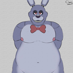 anthro belly belly_overhang bow_tie hands_behind_back looking_at_viewer machine male moobs navel nipples nude open_mouth overweight overweight_anthro overweight_male simple_background solo standing teeth elchar_art five_nights_at_freddy's scottgames bonnie_(fnaf) animatronic lagomorph leporid mammal rabbit robot 1:1 2026 hi_res signature