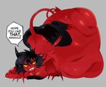 abdominal_bulge belly big_belly black_hair demon english_text female hair helluva_boss hi_res hooves horn huge_belly humanoid hyper hyper_belly imp millie_(helluva_boss) red_body red_skin solo text vore voremaxx yellow_eyes