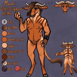 anthro brown_body brown_fur brown_hair cloven_hooves ear_piercing ear_ring ear_stud eyebrow_piercing eyes_closed facial_piercing front_view fur grey_eyes hair hooves horn male male_anthro nipple_piercing nipples nude nude_anthro nude_male piercing rear_view ring_piercing simple_background slightly_chubby slightly_chubby_anthro slightly_chubby_male solo standing striped_body striped_fur stripes tail tan_body tan_fur text meldritchhorror alcelaphine antelope bovid mammal wildebeest 1:1 2021 english_text model_sheet