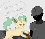 ambiguous_gender baseball_cap clothing dialogue duo feral hat headgear headwear humor male paws simple_background white_background gabriela_paes nintendo pokemon eeveelution felid feline generation_4_pokemon human leafeon mammal pokemon_(species) absurd_res hi_res