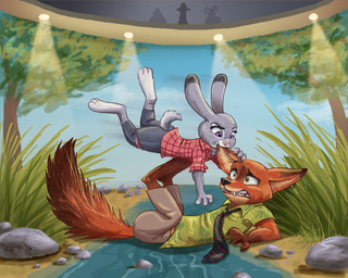 3_toes 4_fingers aloha_shirt anthro barefoot being_watched bite biting_another claws clothed clothing duo_focus ear_bite fangs feet female fingers fully_clothed fur grass green_eyes grey_body grey_fur group lights looking_at_another lying male necktie night_howlers on_back orange_body orange_fur pattern_clothing pattern_shirt pattern_topwear plant purple_eyes rock role_reversal shadow shirt size_difference teeth toes topwear torn_clothing water chill13 disney zootopia judy_hopps nick_wilde canid canine fox lagomorph leporid mammal rabbit red_fox true_fox 2016 5:4 absurd_res hi_res