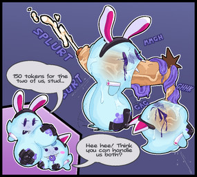 >_< all_the_way_through areola balls balls_in_mouth big_balls big_breasts big_penis black_border black_pasties blue_body blue_breasts blue_text blush blush_stickers bodily_fluids border breast_size_difference breasts brown_glans brown_pubes collaborative cross_pasties cum cum_from_penis cumshot dialogue disembodied_penis duo_focus ejaculation ellipsis erection exclamation_point eyes_closed fake_cat_ears fake_ears fake_rabbit_ears fangs fellatio female female_focus female_on_human female_penetrated genital_fluids genitals ghost_tail glans grey_text group half-closed_eyes huge_breasts human_penetrating_female humanoid_genitalia humanoid_penis humanoid_vulva larger_human larger_male looking_at_viewer makeup male male/female male_penetrating male_penetrating_female mascara medium_breasts narrowed_eyes nipple_outline not_furry onomatopoeia oral oral_penetration oral_threading pasties penetration penile penis penis_in_mouth piercing pink_blush pubes purple_areola purple_eyelids purple_eyes purple_tongue question_mark running_makeup running_mascara saliva saliva_on_balls saliva_on_penis sex shirt_cuffs size_difference smaller_female smaller_penetrated sound_effects speech_bubble splurt tan_balls tan_body tan_penis tan_skin teeth text tongue tongue_out tongue_out_fellatio tongue_piercing tongue_wrapped_around_penis translucent translucent_body trio vaginal_fluids vaginal_squirting vein veiny_balls veiny_penis vulva white_shirt_cuffs breakcoreyuri mario_bros nintendo lahla_(mario) peeka_(mario) boo_(mario) ghost human mammal sphere_creature spirit 2026 digital_media_(artwork) english_text hi_res
