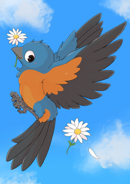 ambiguous_gender avian_feet beak black_body black_eyes black_feathers black_wings blue_body blue_feathers claws cloud day feathered_wings feathers feet feral flower flying grey_beak multicolored_body multicolored_feathers open_mouth orange_body orange_feathers outside plant side_view sky smile solo spread_wings tail tail_feathers talons toes wings fusau avian bird bluebird oscine passerine thrush_(bird) 2023 absurd_res digital_media_(artwork) hi_res