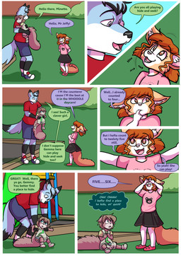 anthro bottomwear clothed clothing dialogue diaper female footwear group inner_ear_fluff male plant playground shirt shoes shorts shrub skirt speech_bubble tail text topwear trio tuft young babystar gemma_polson canid canine domestic_cat felid feline felis fox mammal rodent sciurid tree_squirrel comic english_text hi_res