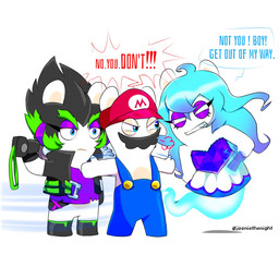 amethyst_(gem) annoyed anthro bangs belt black_clothing black_facial_hair black_hair black_handwear black_jacket black_mittens black_mustache black_topwear blue_body blue_clothing blue_eyes blue_hair blue_overalls breath button_(fastener) clothed clothed_anthro clothed_female clothed_male clothing defending dialogue dress ear_piercing exclamation_point eye_contact eyebrows eyelashes facial_hair featureless_crotch female female_anthro fur gem green_belt green_eyebrows green_hair group hair handwear holding_fan holding_melee_weapon holding_object holding_sword holding_weapon jacket legless light long_ears long_hair looking_at_another magic magic_user male male_anthro melee_weapon mitten_hands mittens multicolored_body multicolored_hair mustache narrowed_eyes noseless open_belt open_clothing open_jacket open_topwear overalls pantsless_anthro pantsless_female paper_fan piercing purple_clothing purple_dress purple_ear_piercing purple_eyes purple_hair purple_shirt purple_topwear shirt shirtless_anthro shirtless_male short_hair simple_background spiky_hair squint standing sword tan_body tan_eyelids tan_inner_ear tan_skin text thick_eyebrows topwear torn_clothing torn_shirt torn_topwear translucent translucent_body trio two_tone_body two_tone_hair wavy_hair weapon white_background white_body white_fur yelling yelling_at_another jooniethenight mario_bros mario_plus_rabbids_kingdom_battle mario_plus_rabbids_sparks_of_hope nintendo raving_rabbids rayman_(series) ubisoft edge_(mario_plus_rabbids) midnite_(mario_plus_rabbids) rabbid_mario ghost hybrid lagomorph mammal rabbid spirit 1:1 2023 artist_name colored crossover digital_drawing_(artwork) digital_media_(artwork) english_description english_text hi_res lighting shaded