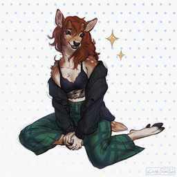anthro arm_tuft black_bra black_clothing black_hooves black_topwear black_underwear bottomwear bra brown_body brown_ears brown_eyes brown_fur brown_hair clothing cloven_hooves dotted_background female front_view fur green_bottomwear green_clothing green_pants hair hooves inner_ear_fluff markings pants pattern_background shoulder_tuft simple_background solo sparkles spots spotted_body spotted_fur topwear tuft underwear white_body white_fur white_inner_ear_fluff lostgoose francesca_(lostgoose) deer mammal 1:1 2022 dated hi_res signature