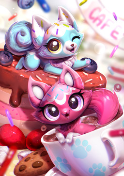 ambiguous_feral ambiguous_gender blue_body blue_fur blue_tail blueberry_(fruit) blurred_background cake cheek_tuft container cookie cup dessert duo facial_tuft fangs feral food front_view fruit fur glistening glistening_eyes head_tuft looking_at_viewer lying micro mug on_front open_mouth open_smile partially_submerged pink_body pink_fur pink_tail plant purple_eyes smile strawberry tail teeth tuft yellow_eyes bloominglynx hasbro littlest_pet_shop felid mammal absurd_res digital_media_(artwork) digital_painting_(artwork) hi_res painting_(artwork) signature